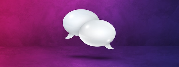 Burbujas de discurso blanco 3D aisladas sobre fondo de banner púrpura