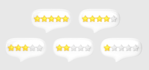 Burbujas de discurso con estrellas de calificación de oro Render 3d Plantilla de retroalimentación de rango y comentario de evaluación de servicio de encuesta de opinión de satisfacción del cliente aislado sobre fondo gris