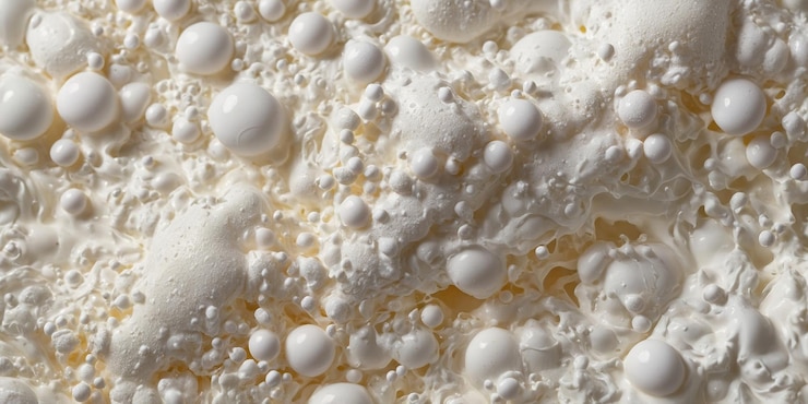 Foto las burbujas y la espuma crean una textura única en una sustancia cremosa cerca de la superficie