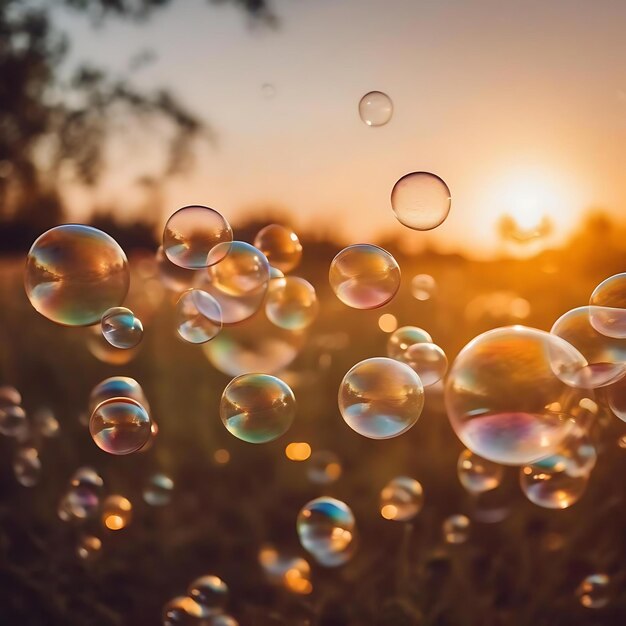 Foto las burbujas flotan en el aire al atardecer