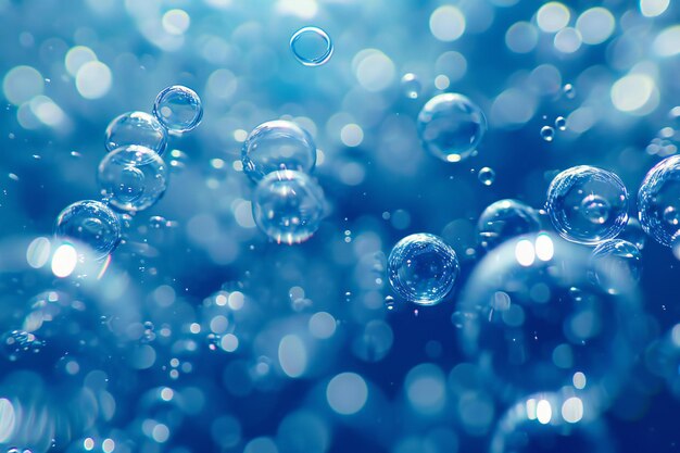 Foto burbujas en un fondo azul profundidad de campo poco profunda