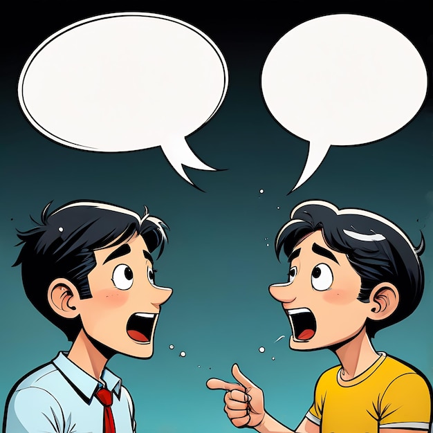 Foto burbujas de habla cómicas escena cómica con un dibujante de dibujos animados que habla ilustraciones burbujes de habla con diálogo