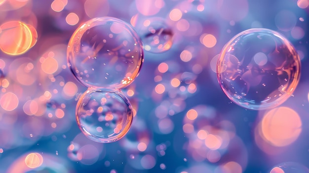 Las burbujas de jabón brillantes se mezclan con el colorido bokeh sobre un fondo burbujeante