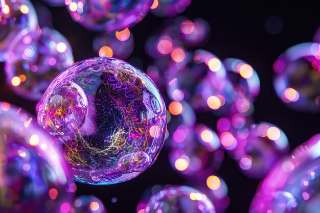 Burbujas de jabón coloridas flotando en el aire con luces rosadas en el fondo belleza abstracta y concepto de arte