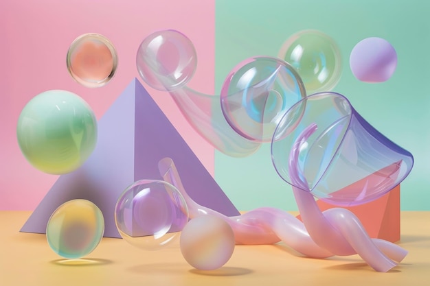 Burbujas de jabón coloridas flotando sobre un fondo rosa amarillo y azul brillante en una ilustración 3D