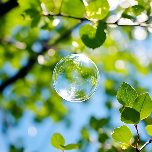Burbujas de jabón en la rama de un árbol con hojas verdes y cielo azul