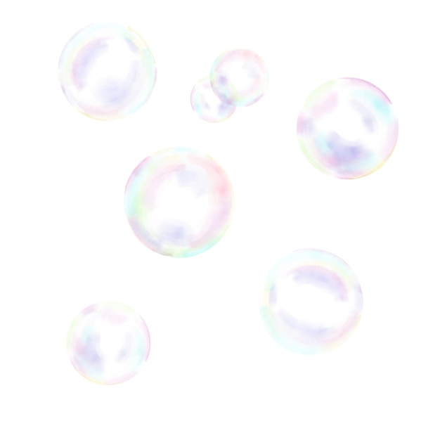 Burbujas de jabón redondas en un conjunto Ilustración digital de acuarela Burbujas del jabón de diferentes tamaños con un reflejo de arco iris en un fondo blanco aislado Tema de la limpieza de cumpleaños de vacaciones