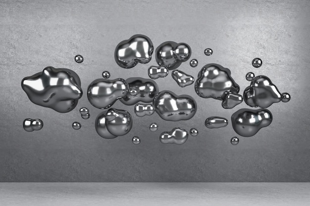 Burbujas de plata abstractas en interiores de hormigón Concepto de diseño y exposición Representación 3D