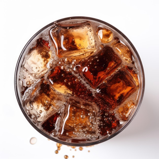 Burbujas de refresco en una cola con hielo en la frialdad del vidrio aislada sobre un fondo blanco