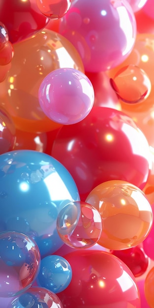 Foto burbujas rosadas, azules, rojas, naranjas, amarillas y verdes flotando en el aire.
