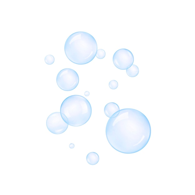 Burbujas transparentes de jabón o agua sobre un fondo blanco