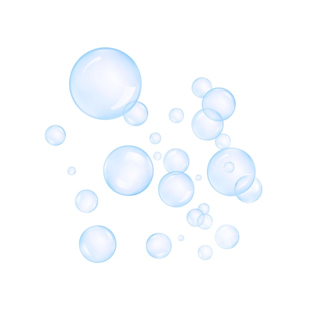 Burbujas transparentes de jabón o agua sobre un fondo blanco