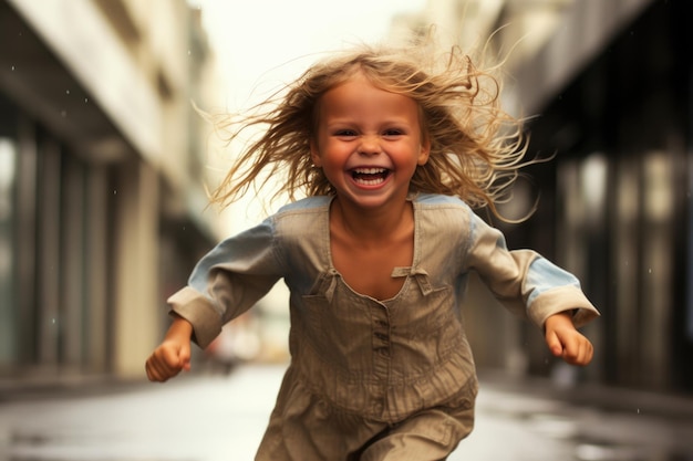 Burbujeante de alegría La joven estalla de felicidad corriendo por la calle haciendo eco de la risa.