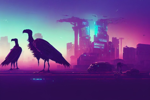 Burds salvajes en la ciudad ciberpunk futurista por la noche, luces de neón, ilustración digital