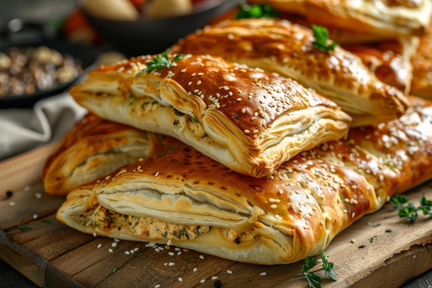 Bureks turcos Tradicional Torta de carne de Borek llena Muchos bolos de feta de Boureki hechos en casa Vista superior