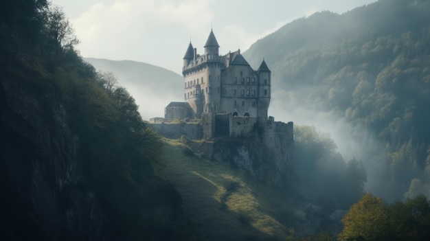 Burg auf einem Berg im Nebel