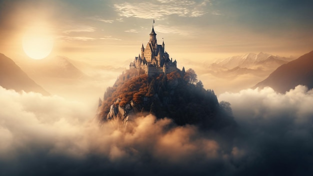 Burg auf einem Berg über den Wolken