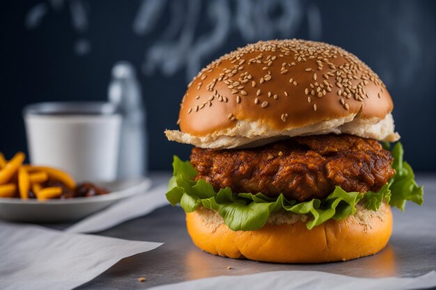 Burger auf dem Tisch mit KI-generierter Café-Atmosphäre