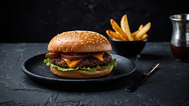 Burger auf einer schwarzen Schieferplatte mit Pommes Frites und Sauce