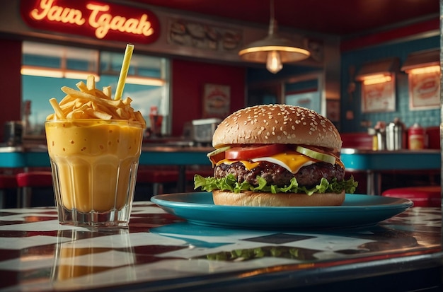 Foto burger y batido para un ambiente de comedor retro