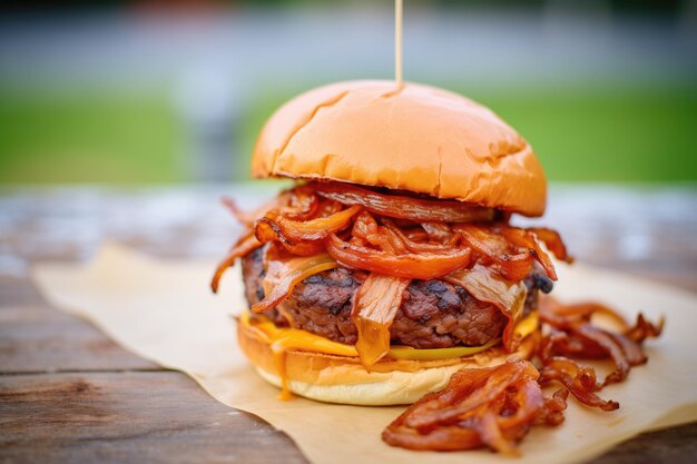 Foto burger bbq com cebolas crocantes e cheddar em papel de açougueiro