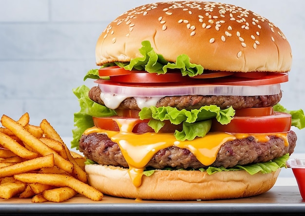 Burger clássico em close-up com batatas fritas gerado por IA