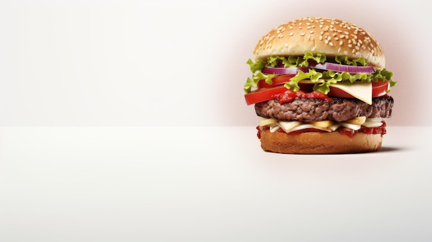 Foto burger close-up com carne bovina tomate alface queijo e cebola em mesa de madeira com espaço de texto pode usar para anúncios de publicidade marca