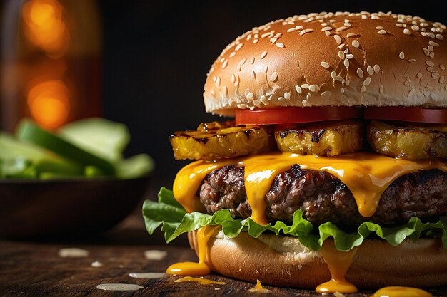 Foto burger com abacaxi caramelizado e maionese sriracha