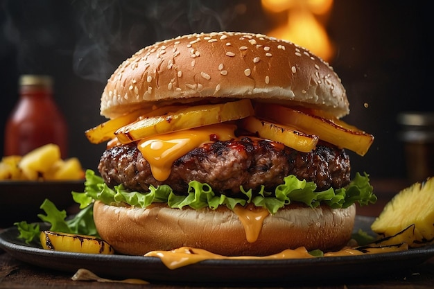 Foto burger com abacaxi caramelizado e maionese sriracha