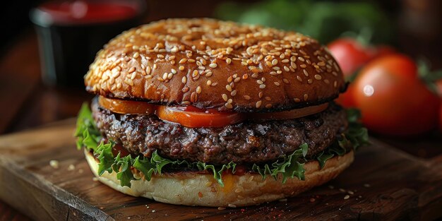 Burger com alface de tomate e picles em uma mesa de madeira