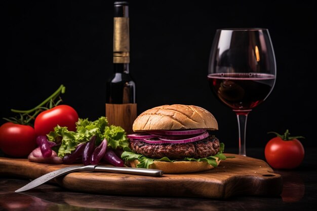 Foto burger com faca e um copo de vinho.