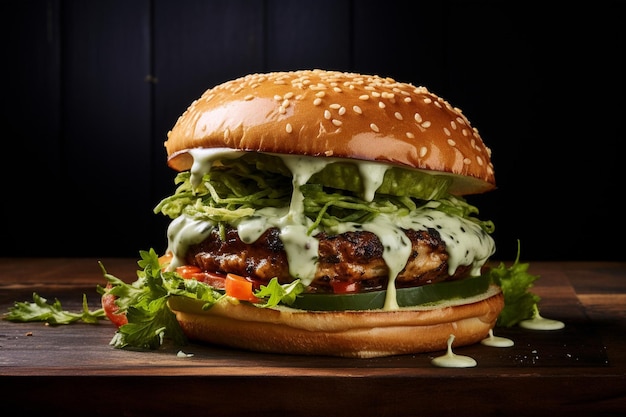 Foto burger com um chipotle cremoso picante com molho de limão de cilantro