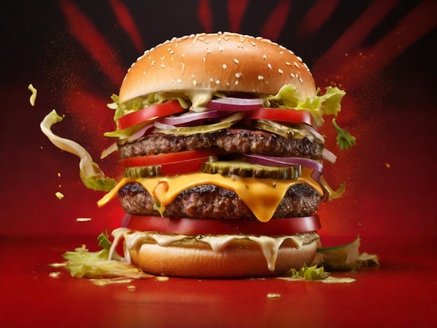 Foto burger com uma batata frita de queijo crocante e dip vermelho e fundo preto