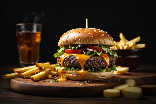 Burger de carne artesanal e batatas fritas em mesa de madeira derretendo chess isolados em fundo preto