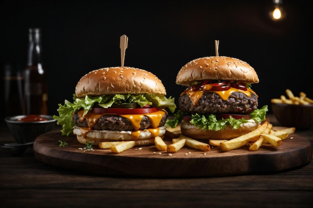 Burger de carne artesanal e batatas fritas em mesa de madeira derretendo chess isolados em fundo preto