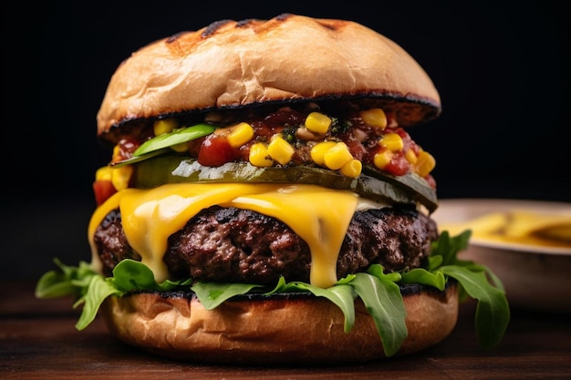 Burger de carne com um pão preto com queijo