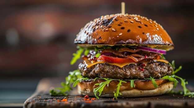 Burger de carne feito em casa em uma mesa de madeira Generative Ai