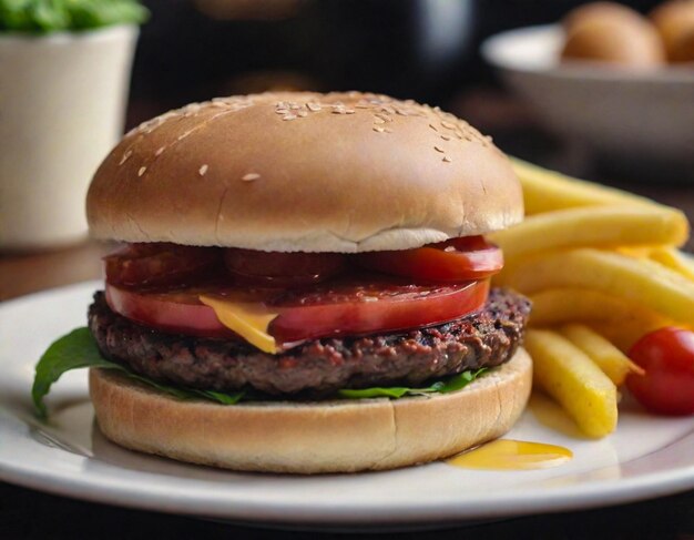 Burger de carne grelhada com batatas fritas e queijo