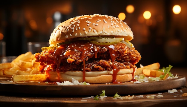 Burger de carne grelhada em um pão gourmet com tomate fresco gerado por inteligência artificial