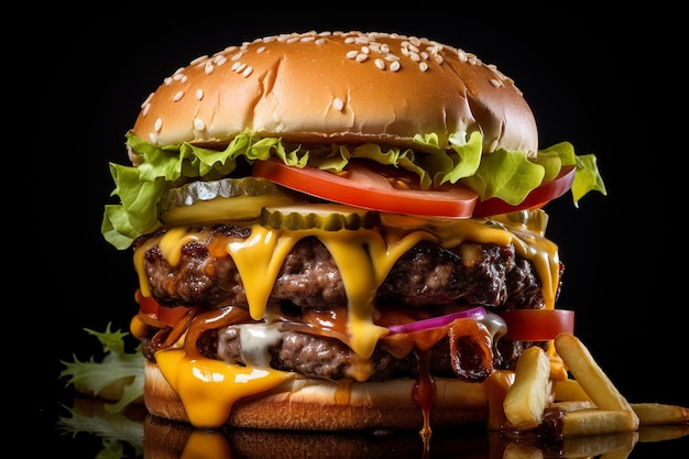 Burger de carne preta servido com batatas fritas