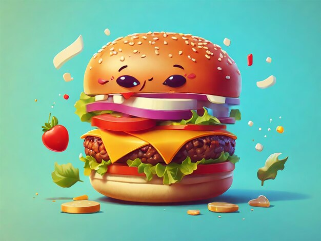 Burger de desenho animado com tomate e queijo.