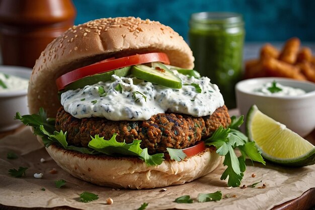 Foto burger de falafel grego com hummus e tzatziki