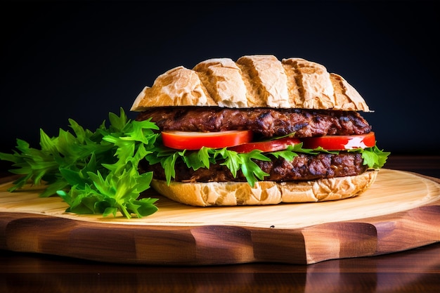 Burger de pão castanho com turshu em uma tábua de madeira