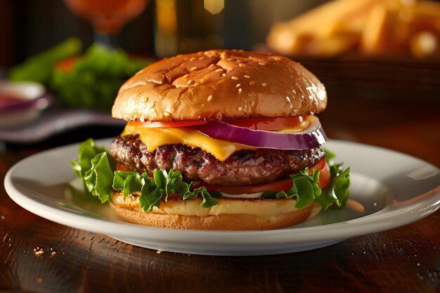 Foto burger de queijo americano com batatas fritas douradas e salada fresca