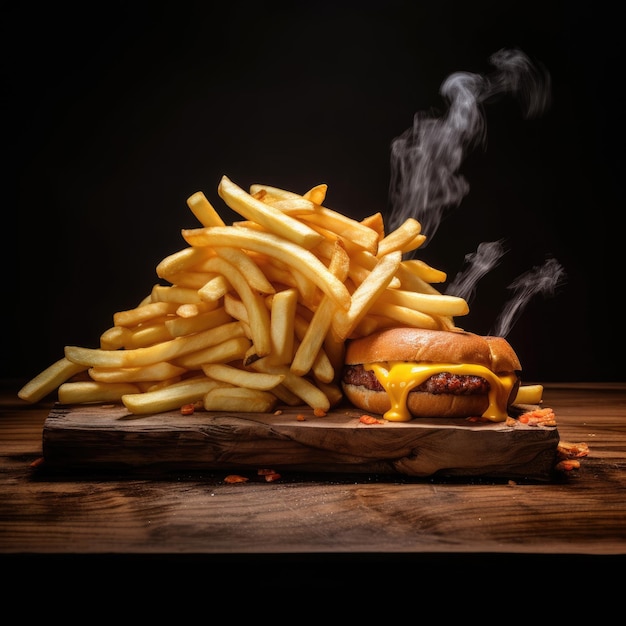 Burger de queijo Americano com batatas fritas douradas em tábua de madeira