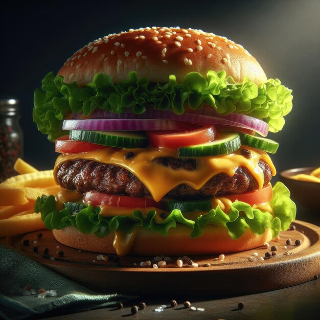 Foto burger de queijo americano com salada fresca, tomate e cebola