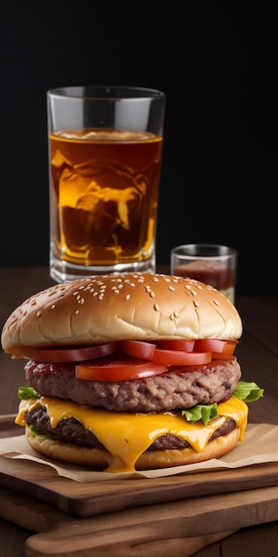 Burger de queijo americano com um copo de uísque