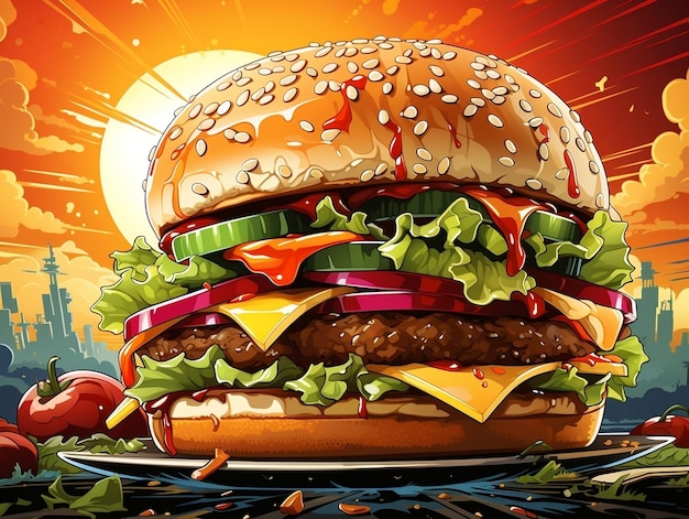 Burger de queijo em estilo de desenho animado em fundo retro pop art colorido