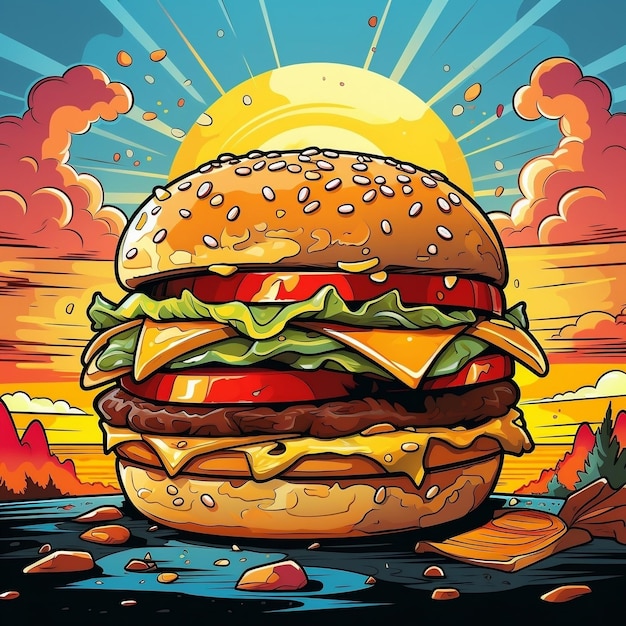 Burger de queijo em estilo de desenho animado em fundo retro pop art colorido