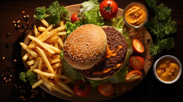 Burger e batatas fritas de cima